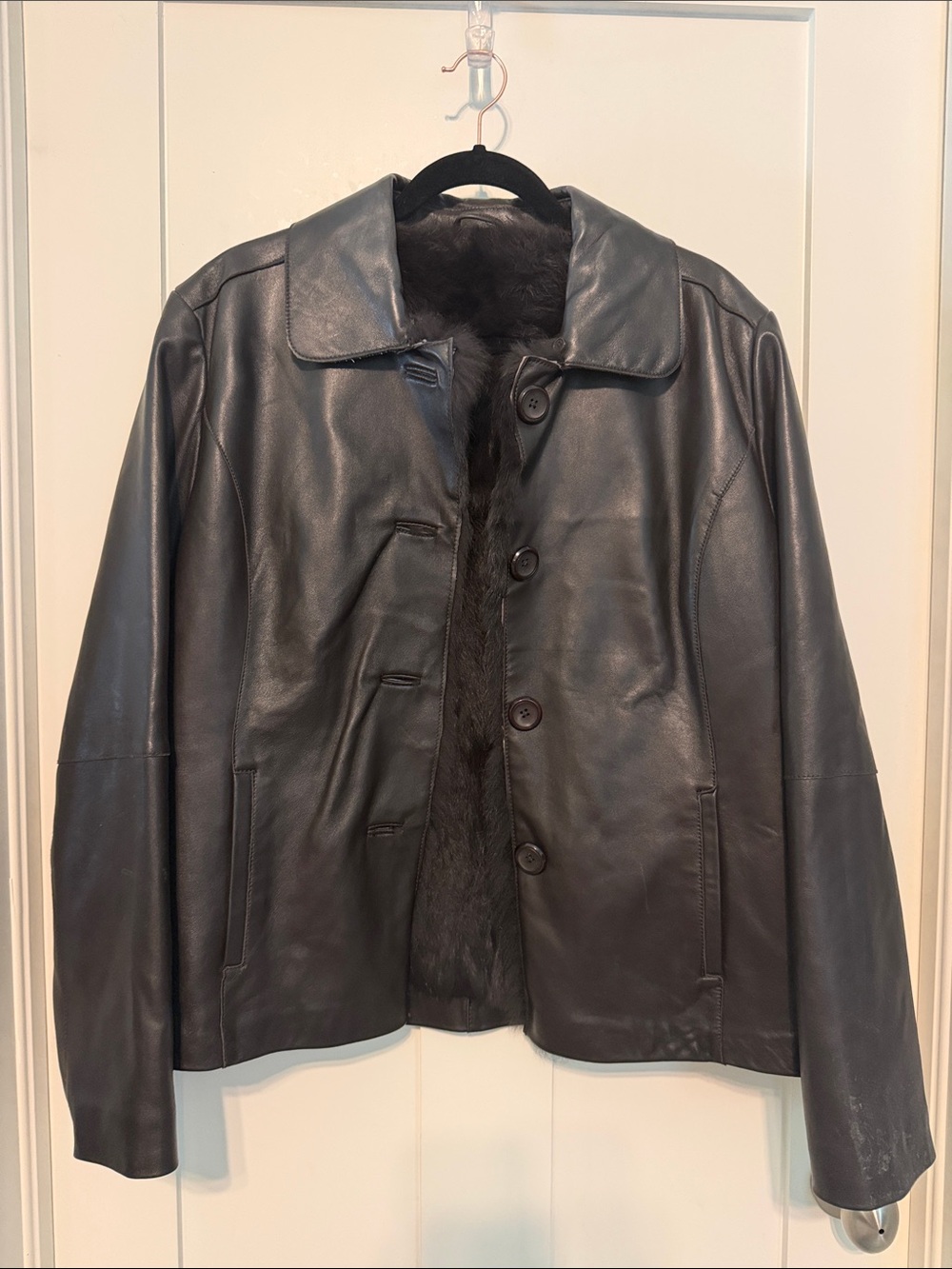 Marvin Richards Vintage Black Leather Button-Front Jacket with Fur Lining Size L